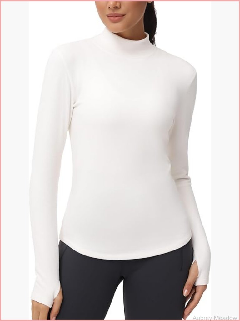 Fleece Mock Turtleneck Pullover Long Sleeve Workout Top Thumb Holes